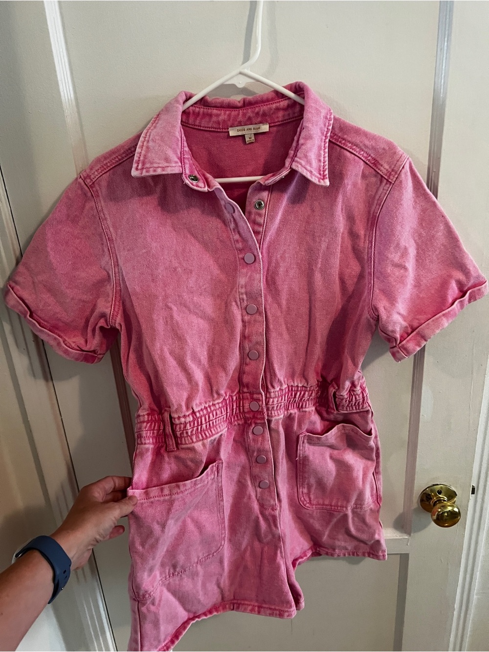 Pink Short-Sleeve Button Front Women’s Denim Romper